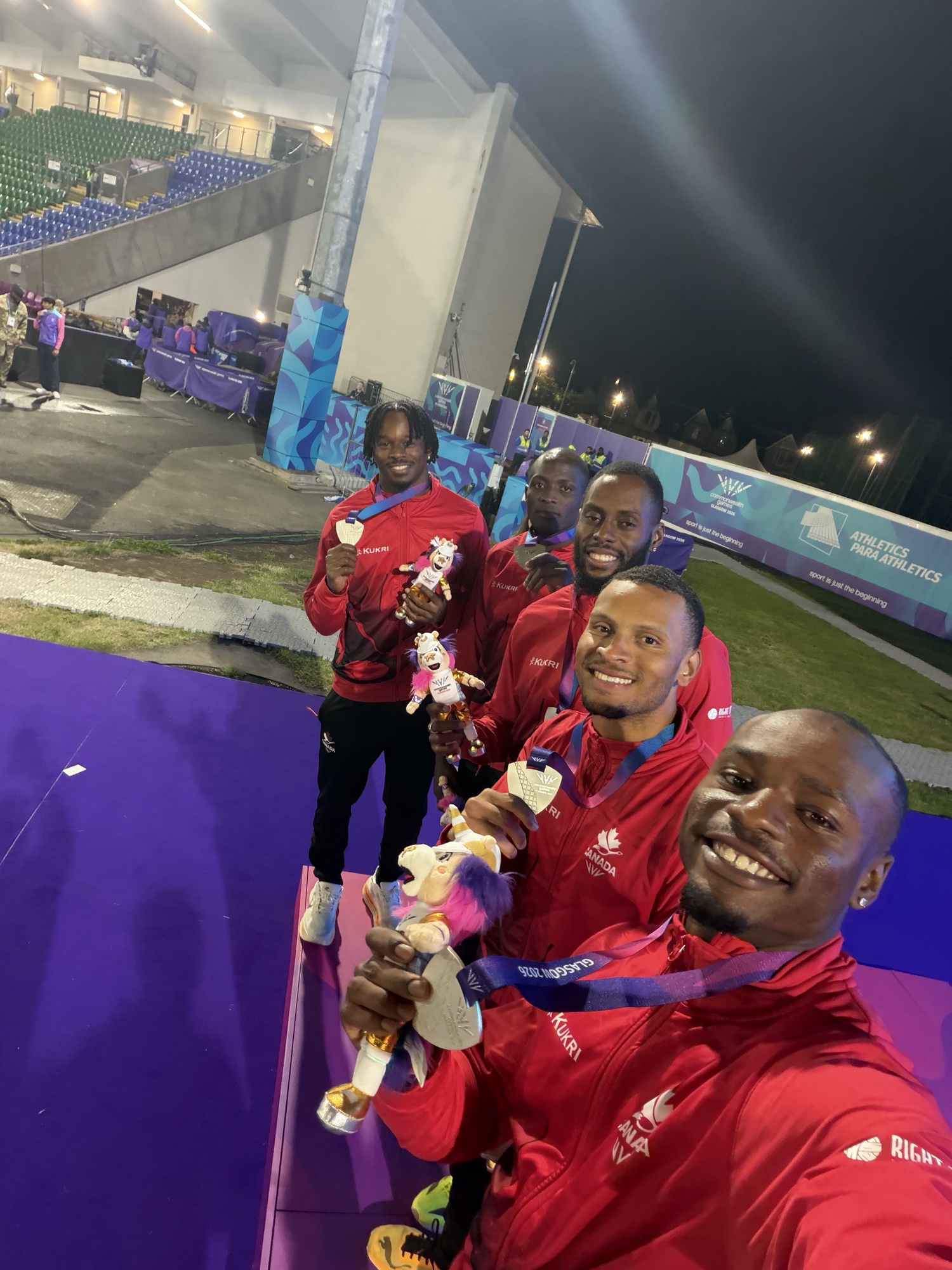 Team Canada 4x100m relay with silver medals, Glasgow 2026