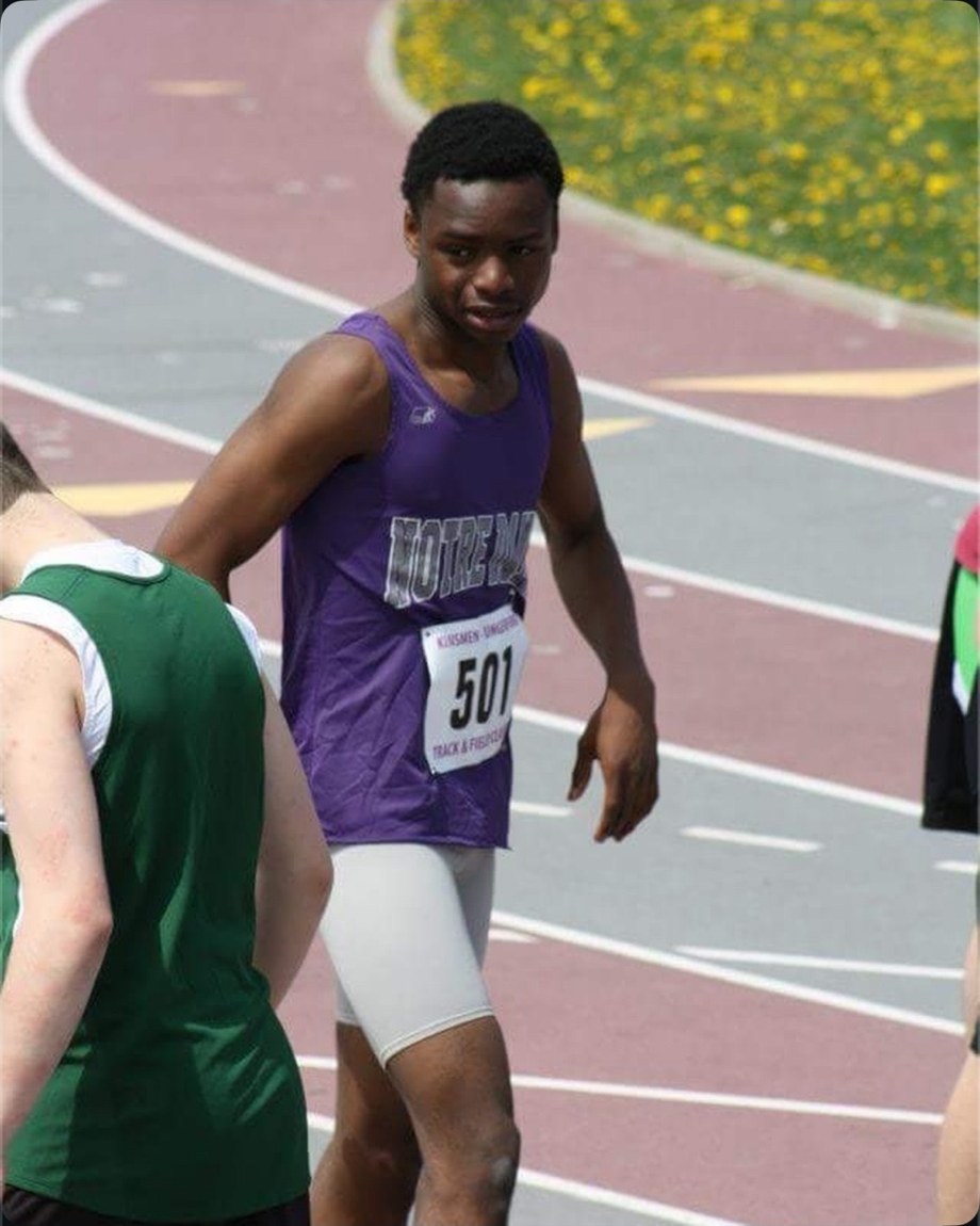 Duan Asemota in the Notre Dame Catholic singlet at the Kinsmen Track and Field meet