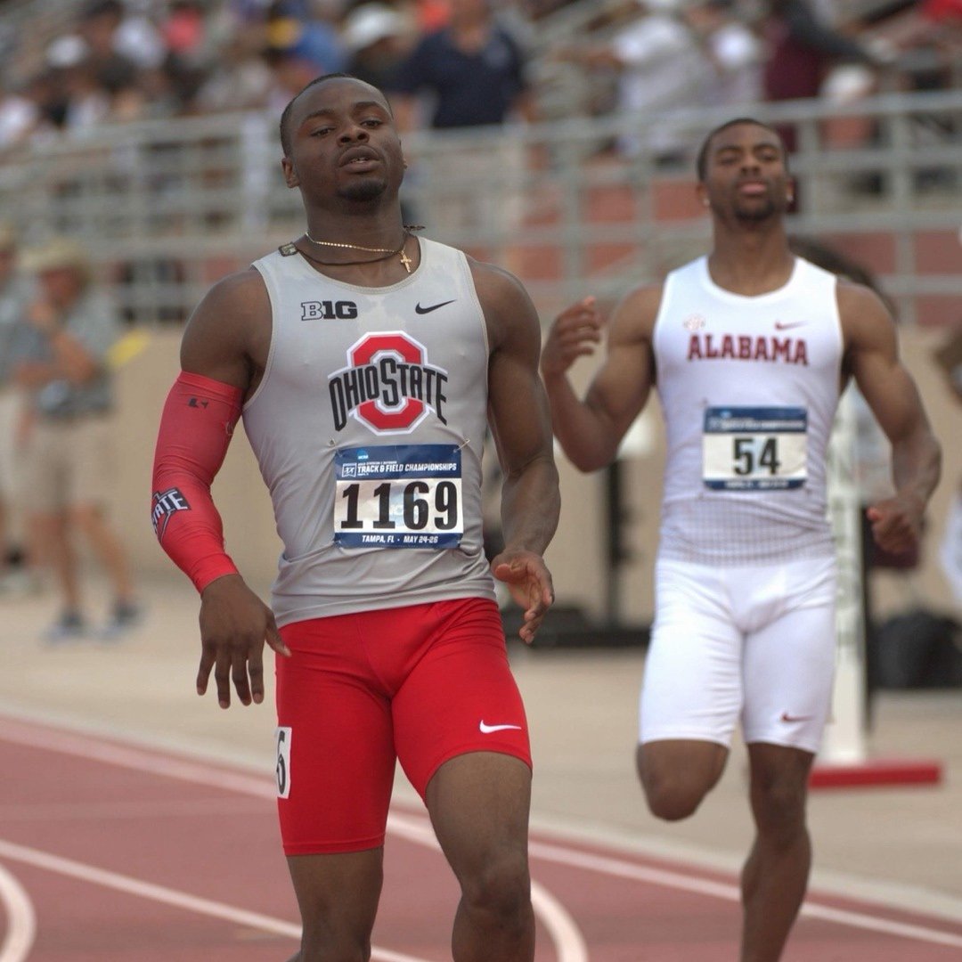 Duan Asemota racing in Ohio State kit at the NCAA Track and Field Championships in Tampa