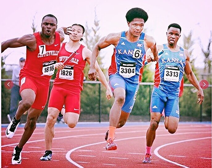 Duan Asemota racing in the Coffeyville Red Ravens singlet, JUCO era